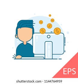 Money on the net. Man. Vector modern line design illustration icon