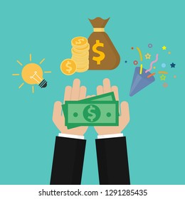 Money on the palm. Fundraising concept. Crowdfunding or idea for money. Find money concept. Vector in flat style illustration