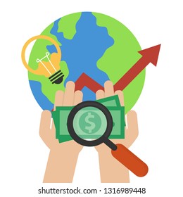 Money on the palm. Looking for money concept. Global economy world savings icon