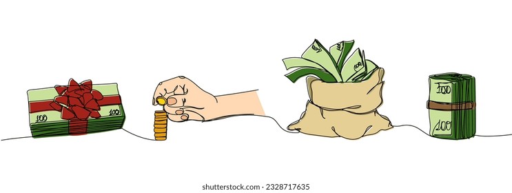 Dinero en rollo, pila de dinero con una cinta, un regalo, bolsa de dinero en un color de pila, coloreado arte de una línea. Dibujo continuo de línea de crédito bancario, financiero, de pago, de datos, económico, de riqueza.