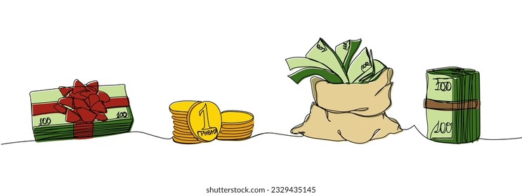 Money on a roll, a stack of money with a ribbon, a gift, bag of money hryvnia, kopecks color, colored one line art. Continuous line drawing of bank, financial, payment, data, economic, wealth credit.