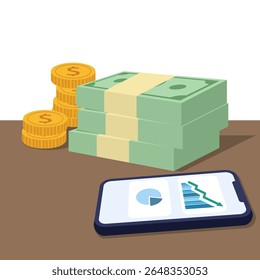 money on the table. 3d flat design of money. success that leads to riches. cell phone, coins, and a wad of money are on the table