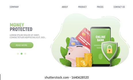 Money, online banking, deposit, credit cards protected. Secure payment. Template business concept  money protected for website, banner, landing page. Vector illustration.