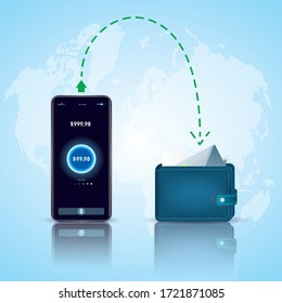 Money online on mobile phone, vector design. Financial savings.
