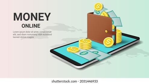 Money online on mobile phone application, Money transfer, ATM, Financial savings, Cashback, E-wallet and mobile payment landing page concept. 3D Perspective Vector illustration