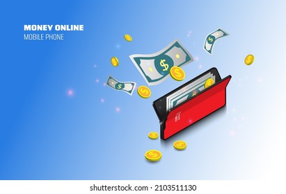 Money online on mobile phone, vector design. Capital flow, earning or making money.