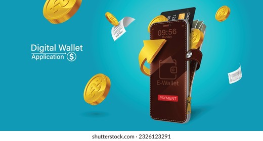 Money online on mobile phone, vector design. Capital flow, earning or making money. Financial savings.mobile wallet online on green background.Concept of spending money online through the internet.