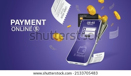 Money online on mobile phone, vector design. Capital flow, earning or making money. Financial savings.mobile wallet online on purple background.Concept of spending money online through the internet.