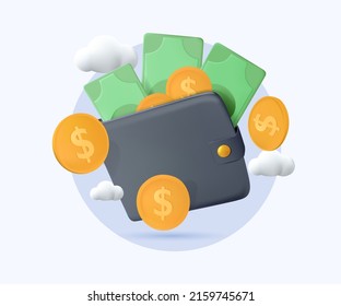 Money online, website ui for financial transaction. Invest money online. 3D Wallet with coins and dollars. ATM, Money transfers. Business savings and refunds. 3D modern render. Digital wallet icon