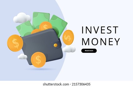 Dinero en línea, sitio web ui, plantilla, aplicación para transacciones financieras. Invierte dinero en línea. Cartera 3D con monedas y dólares. Cajero automático, transferencias de dinero. Ahorros y reembolsos de negocios. Representación moderna 3D