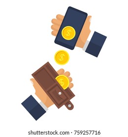 Money online, withdrawal. Convert digital currency to cash. Sending and receiving money. Coins fall into wallet. Phone and purse in hand. Vector illustration flat design. Isolated on white background.