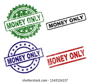 MONEY ONLY seal prints with corroded texture. Black, green,red,blue vector rubber prints of MONEY ONLY caption with retro texture. Rubber seals with round, rectangle, medallion shapes.