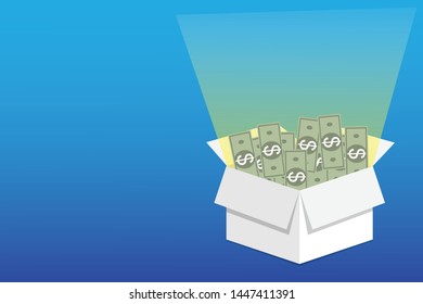 Money in an opening box with lighting up from the box for money concept or business concept
