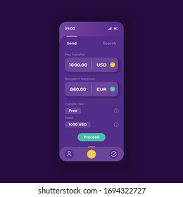 Money operations application smartphone interface vector template. Mobile app page dark theme design layout. Currency transfer, exchange screen. Flat UI for application. Transaction on phone display