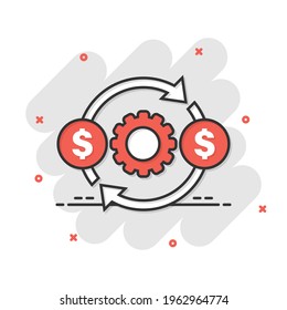 Money optimization icon in comic style. Gear effective cartoon vector illustration on white isolated background. Finance process splash effect business concept.