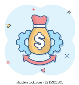 Money optimization icon in comic style. Gear effective cartoon vector illustration on white isolated background. Finance process splash effect business concept.