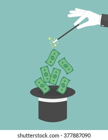 Money out the hat magic trick concept. Hand with white glove holding magic wand with flying money above a hat. Flat style