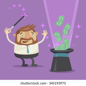 Money out the hat magic. Vector flat illustration