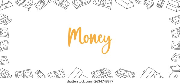 Money outline banner. Flying cash, banknotes, stack of money, dollar bills, gold coins and bars.