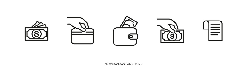 Money outline icon. Dollar vector symbol. Financial linear set. Dollars, credit card, walet and check icons.