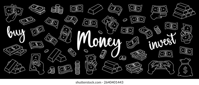 Money outline set. Flying cash, banknotes, stack of money, dollar bills, gold coins and bars. Money investment concept. Cash paper currency.