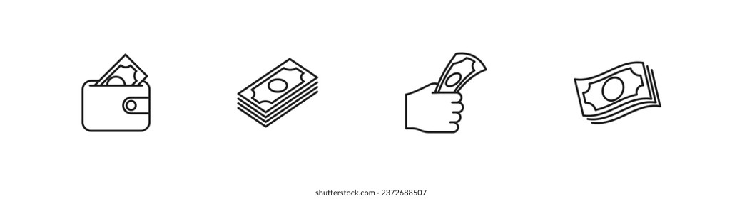 Money outline vector icon set. Cash in wallet and hand holding bills icons.