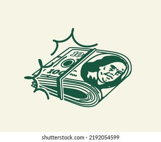 Money Pack In Hand Drawn Cartoon Style. Wad Of Cash Business Profit Or Salary Or Payment. Vector Illustration Isolated On White Background