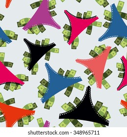 Money Panties seamless pattern. Panties and many dollars. Earnings for strippers. Background color of underwear.