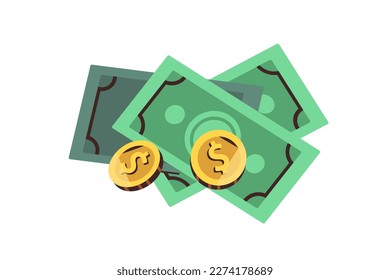 Money, paper banknotes and coins. Cash, dollar bills. American finance, bank notes icon. Earnings, revenue, income, financial concept. Colored flat vector illustration isolated on white background