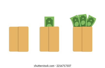 Money in paper envelope clipart vector design illustration. Green money banknote dollar bills packed in carton package flat icon cartoon style. Money, banknote, investment, finance concept