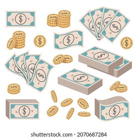Money paper and golden coins isolated design element isolated set collection. Vector cartoon hand drawn illustration
