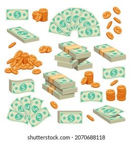 Money paper and golden coins isolated design element isolated set collection. Vector cartoon hand drawn illustration