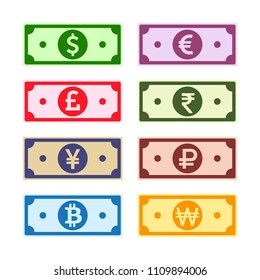 Money Paper Notes Collection. US Dollar, UK Pound, Euro, Yen, Yuan, Won, Rupee, Ruble, Bitcoin. World Currency Symbols Set. International Cash Bills, Cartoon Imitation. Vector Illustration.