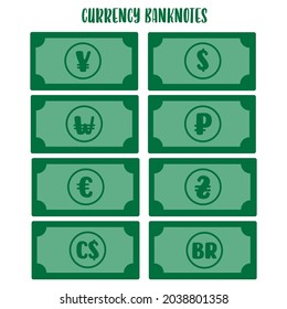 Money paper notes collection. Yen, Dollar USA, Dollar Canada, Won, Rouble Russia, Euro, Hryvnia Ukraine. World currency symbols set. International cash bills, cartoon imitation. Vector illustration.