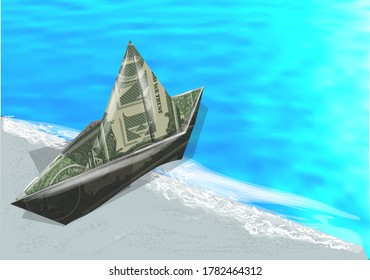 money paper ship  on coast with waves