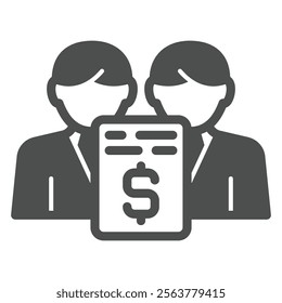 Money partnership solid icon, financial advice concept. Vector graphics. Two man with paper bill, sharing sign on white background, glyph style icon for mobile or web design