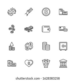 Money Pay, Cash  Dollar Bill outline icons set - Black symbol on white background. Money Pay, Cash Bill Simple Illustration Symbol - lined simplicity Sign. Flat Vector thin line Icon - editable stroke