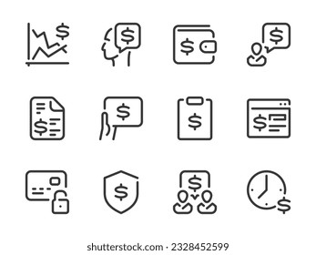 Money, Pay and Dollar vector line icons. Business and Finance outline icon set. Stock market, Price, Financial report, Online payment, Money talk, Hourly wage, Receipt, Safety and more.