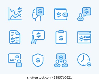 Money, Pay and Dollar vector line icons. Business and Finance outline icon set. Stock market, Price, Financial report, Online payment, Money talk, Hourly wage, Receipt, Safety and more.