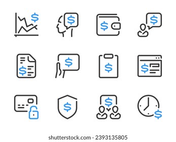 Money, Pay and Dollar vector line icons. Business and Finance outline icon set. Stock market, Price, Financial report, Online payment, Money talk, Hourly wage, Receipt, Safety and more.