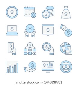 Money, Payment and Banking related blue line colored icons.