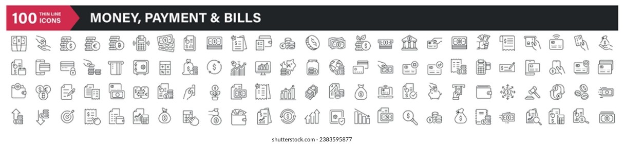 Money, payment and bills thin line icons. For website marketing design, logo, app, template, ui, etc. Vector illustration.