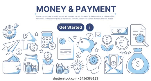 Money and payment, business and finance icons composition. Infographics elements with monetary sign, piggy bank, money bag, calculator. Modern line vector design for web, banner, poster, landing page
