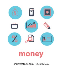 Money payment, cash, bill, insurance, finance, bank, card, transfer, atm, savings, investment, credit, profit, currency icons, signs vector concept set for infographics, mobile, website, application