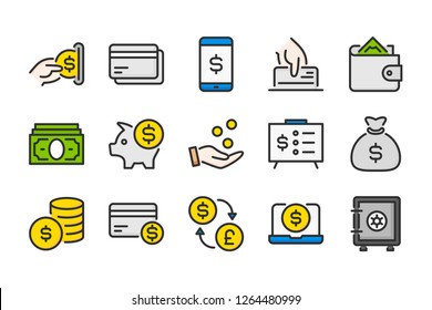 Iconos de línea de color de dinero y pago. Conjunto de iconos de colores lineales de los vectores financieros y comerciales. Colección de iconos aislados en fondo blanco.