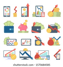 Money, payment, economy icons, badges set. Isolated money symbols, data tools finance diagram, graphics, chart. Business diagram data finance, graph report, statistic, infographics, analysis tools.