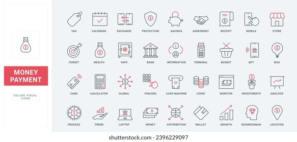Money payment, economy thin black and red line icons set vector illustration. Outline financial trend analysis for investment and bank exchange, wallet and laptop, calculator and calendar mobile app