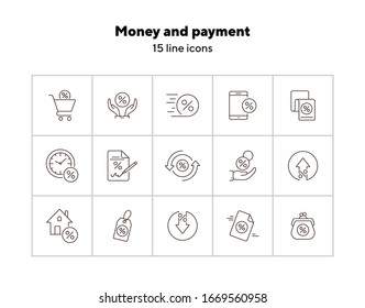 Geld- und Zahlungssymbol eingestellt. Kollektion von Symbolen für Linien auf weißem Hintergrund. Hypothek, Zahlung, Bargeld. Konzept der Ausgabe von Geld. Kann für Themen wie Gehälter, Bankwesen, Unternehmen verwendet werden