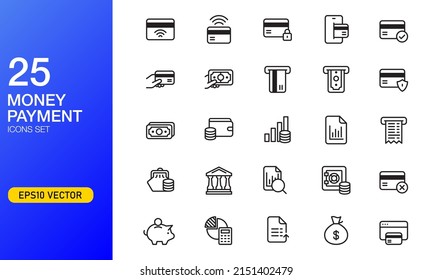 Money and payment icon set in outlined style. Suitable for design element financial and online trading, digital payment, and business technology app.