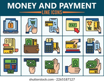 Money And Payment icon vector illustration for shopping online, bill, money currency, currency exchange, money,atm machine, wallet, currency exchange, mobile payment, conversation, payment, discount